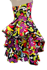 Gorgeous Resort 1993 Christian Lacroix Crisp Cotton Floral Print Halter Dress w Pouf Back Skirt