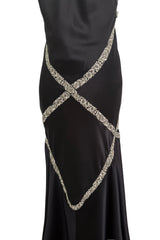 Outstanding Fall 2004 Alexander McQueen Bias Cut Black Silk Dress w Bare Back & Silver Thread Ribbon Detailing