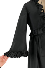 Dreamy 1980s Valentino Black Silk Wide Ruffled Hem Dress w Matching Wide Bell Sleeve Cropped Jacket