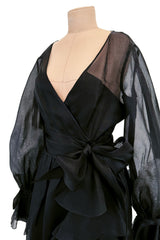 Prettiest 1970s Bill Blass Black Silk Organza Dress w Extensive Ruffle Detailing & Full Puff Sleeves