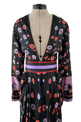 Rare Spring 1979 Chloe by Karl Lagerfeld Floral & Stripe Print Silk Dress w Matching Striped Belt