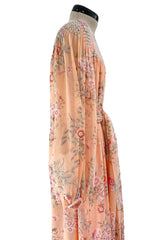 Incredible 1970s Hanae Mori Floral & Butterfly Peach Silk Chiffon Dress w Balloon Sleeves & Beading