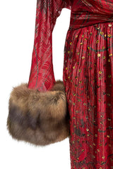 Incredible Fall 1979 Bill Blass Couture Red Silk Chiffon Dress w Gold Sequins & Mink Cuffs