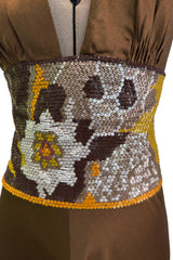 Phenomenal Spring 2005 Original Valentino Runway Look 56 Brown Yellow Floral Print Halter Dress w Sequin Waist Band