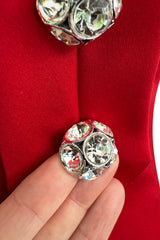 Prettiest 1980s Victor Costa Clear Red Strapless Dress w Full Skirt & Underskirts & Large Rhinestone Dome Buttons