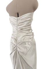 Minimalist 1990s Givenchy Silver Undertone Ivory Strapless Silk Dress w Back Gathering & Shawl