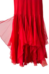 Fantastic 1980s Valentino Red Silk One Shoulder Dress w Net Inset & Finely Pleated Ruffled Skirt