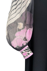 Prettiest 1970s Leonard Paris Printed Silk & Black Jersey Dress w Plunge Front & Silk Chiffon Sleeves