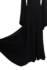Exceptional 1970s George Stavropoulos Couture Black Silk & Bias Cut Dress w Balloon Sleeves & Flowing Skirt