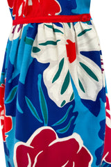 c.1977 Oscar de la Renta for Swirl One Shoulder Printed Bright Floral Cotton Dress w Ruffled Hem