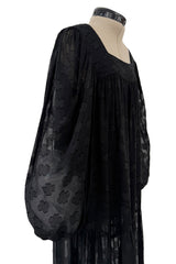 Chic c.1973 Yves Saint Laurent Black Gauzy Feeling Silk Chiffon Dress w Pattern & Full Sleeves