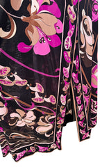 Dreamiest 1970s Emilio Pucci Black Silk Jersey Dress w V Front & Pink Flower Print