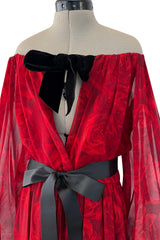 Beautiful Fall 1994 Yves Saint Laurent Red Rose Print Off Shoulder Dress w Velvet Bow