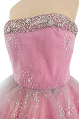 Prettiest 2000s Oscar de la Renta Strapless Pink Tulle Dress w Extensive Beadwork
