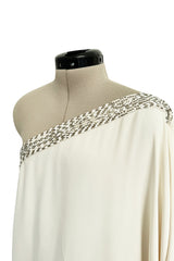 Beautiful 2000s Emilio Pucci Ivory Silk One Shoulder Caftan Dress w Gold & White Beaded Detail