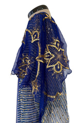 1960s Bloomingdales Label Royal Blue Silk Chiffon & Gold Thread Caftan