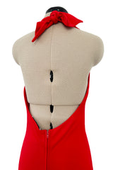 Amazing 1970s Halston Red Jersey Halter Neck Jumpsuit w Open Bare Back & Ultra Wide Legs
