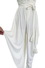 1970s Loris Azzaro White Stretch Jersey Strapless Jumpsuit w Gathered Bodice & Draped Pants
