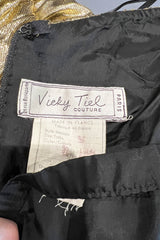 1989 Vicky Tiel Couture Metallic Gold Lame Gathered & Draped Strapless Dress