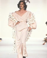 Prettiest Spring 1990 Yves Saint Laurent Pale Nude Pink Silk Plunge Runway Dress w Balloon Sleeves