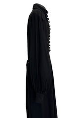 1969 Ossie Clark Bishop Sleeve Black Moss Crepe Dress w Button Front & Dog Ear Collar