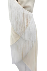 Recent Givenchy Ivory Crepe Silk Wrapped Angled Hem Dress w Cascading White Fringe