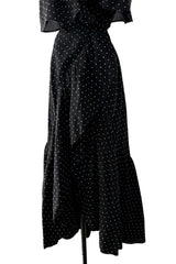 Dreamy 1981 Halston White Embroidered Dot on Black Wrap Off Shoulder Dress w Caped Neckline
