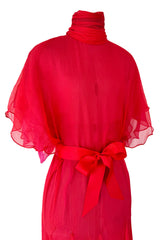 1970s Giorgio Sant'Angelo Red Silk ChiffonDress w Pink Silk Chiffon Lining & Prettiest Gusset Skirt