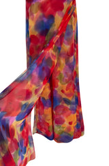 1970s Galanos Couture Silk Chiffon Pant & Over Dress Set w Metallic Lace Detailing