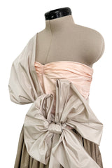 Dreamy Early 1980s Bill Blass Pink, Champagne & Taupe Silk One Shoulder Dress w Full Skirt