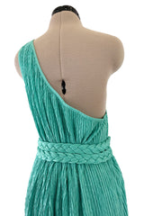 Amazing 1980s Mary McFadden One Shoulder Pleated Two Piece Set Dress w Braided Belt