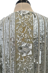 Spectacular 1970s Unlabeled Silver Sequin, Metallic Thread & Faux Pearl Embellished Caftan Dress