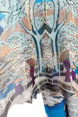 Amazing 1970s Hanae Mori Couture Silk Chiffon Scene Print Jumpsuit w Matching Cape Overlay