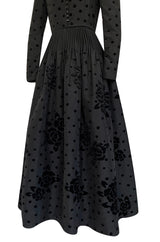 Fall 1974 Louis Mies Couture YSL Silk Taffeta Dress w Hand Embroidered Velvet Rose Detail