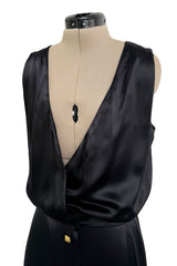 Spectacular 1990s Unlabeled Chanel by Karl Lagerfeld Black SIlk Dress w V Front & Logo Buttons