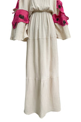 Gorgeous 1970s Unlabeled Raw Natural Cotton Dress w Huge Pink Floral Appliques