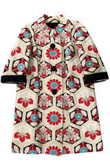 Exquisite Fall 1974 Hanae Mori Metallic Gold Brocade 3/4 Sleeve Coat w Pops of Turqoise & Red