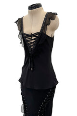 Spectacular Spring 2003 Christian Dior by John Galliano Bias Cut Black Silk Chiffon Lace Up Skirt & Top Set