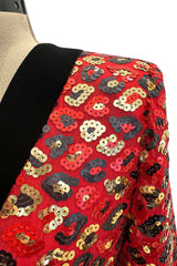 Spectacular Fall 1990 Givenchy Red Silk Organza Button Dress w Sequins & Velvet Trim &