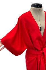 Fabulous 1970s Halston Wrap Plunge Red Full Length Dress w Wide Sleeves & Original Sash