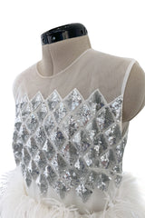 Fantastic Fall 2019 Huishan Zhang Silver Sequin on White Net & Organza Dress w Feather Detailing