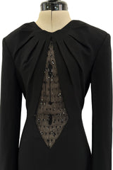 Cruise 2016 Yves Saint Laurent by Hedi Slimane Couture Black Dress w Mesh & Crystal Front