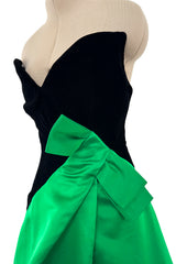 Fall 1987 Arnold Scaasi Black Strapess Velvet & Green Full Skirt Silk Dress