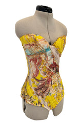 Very Rare Spring 2003 Roberto Cavalli Printed Silk & Net Boned Corset & Red Sequin Mini Skirt Set