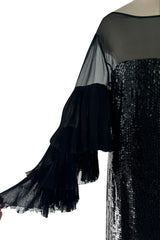 Beautiful 1980s Louis Feraud Glossy Black Sequin Silk Chiffon Dress w Tiered & Ruffled Sleeves