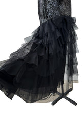 Incredible 1976-1978 Loris Azzaro Strapless Glossy Black Sequin Dress wLayered Net Tulle Skirt