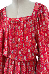 Prettiest 1970s Hanae Mori Red Print Light Silk Dress w Full Balloon Sleeves & Tiered Skirt