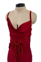 Exquisite Fall 1999 John Galliano Deep Red Bias Cut Patterned Silk Backless Dress w Velvet Ribbon Details