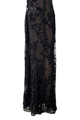 Incredible 1970s Christian Dior by Marc Bohan Demi-Couture Elaborately Beaded Black Lace Net Dress