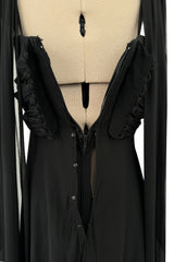 Gorgeous Spring 1989 Bill Blass Runway Black Silk Halter Chiffon w Trailing Shoulder Panels